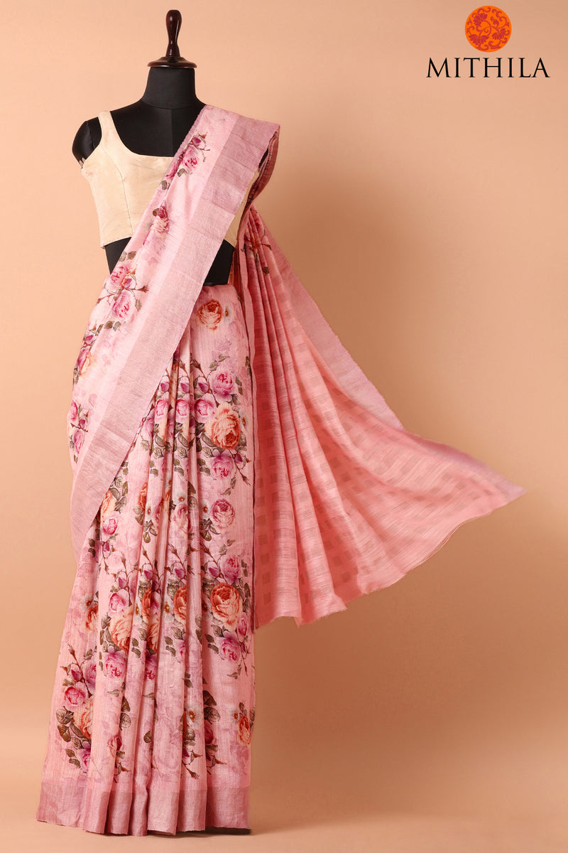 Tussar By Linen Silk Saree With Vintage Prints