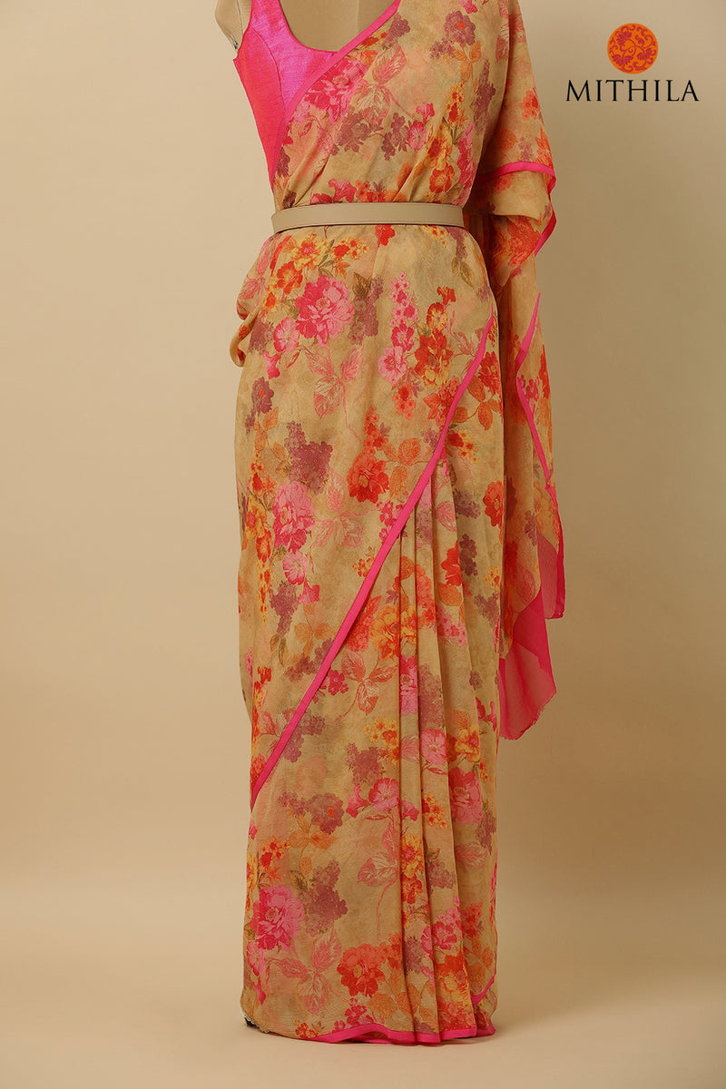 Chiffon Silk Saree With Vintage Floral Prints