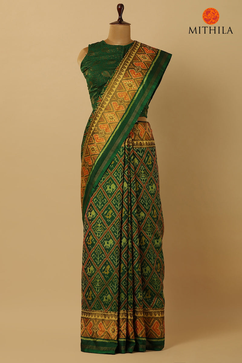 Green Patola Printed With Woven Border Banarasi Silk Saree