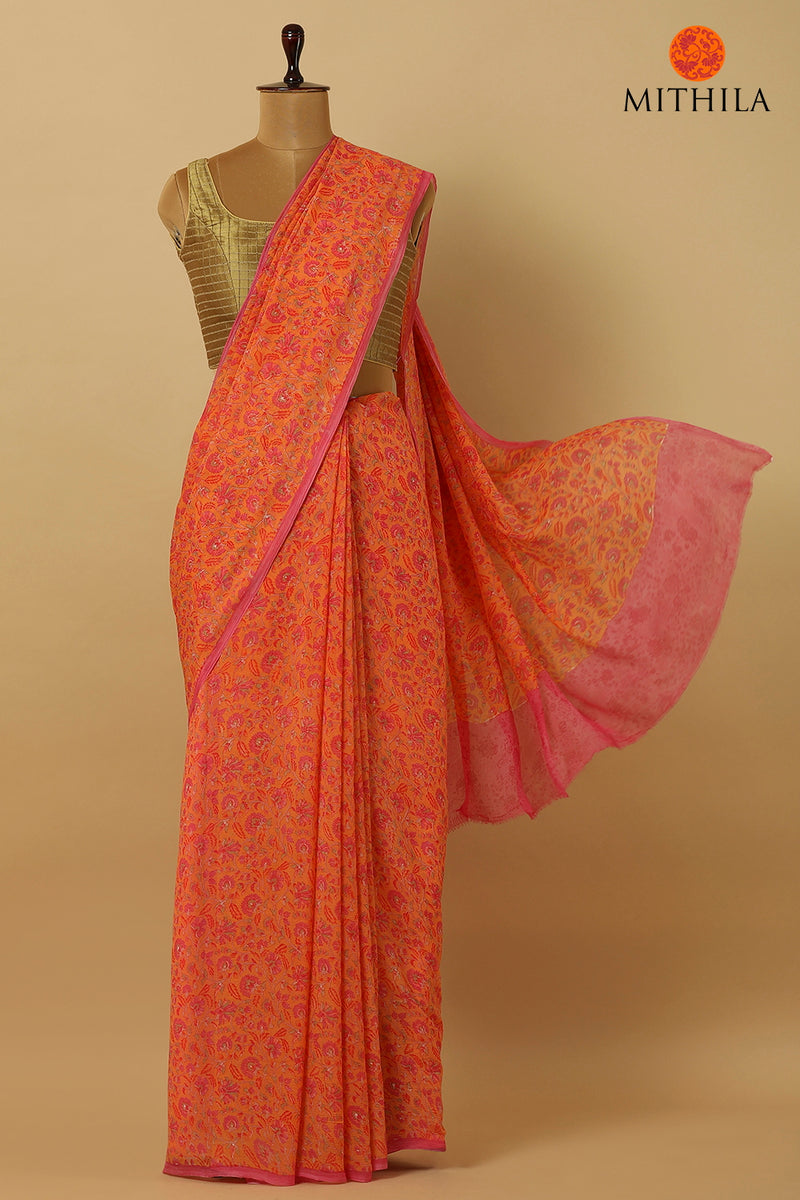 Floral Printed Chiffon Silk Saree