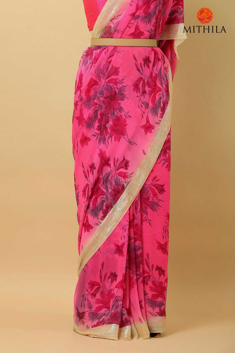 Chiffon Silk Saree With Vintage Prints & Shimmer Border